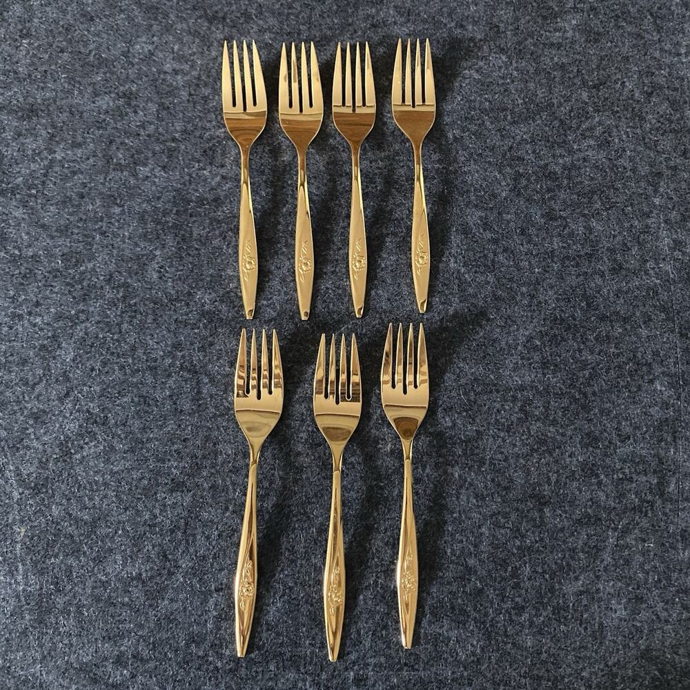 Oneidacraft Lasting Forks Rose Gold Tone Stainless 6.25” Floral Set Of 7 Oneida